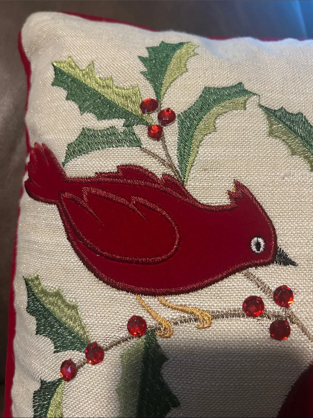 Festive Cardinal Embroidered Holiday Pillow - Red & Cream